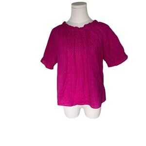 LOFT Small Pink Eyelet Ruffle Neck Puff Sleeve Peasant Blouse Cotton